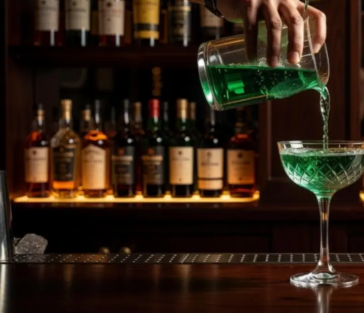 Bartender pouring a crafted cocktail at Theturnandtable bar