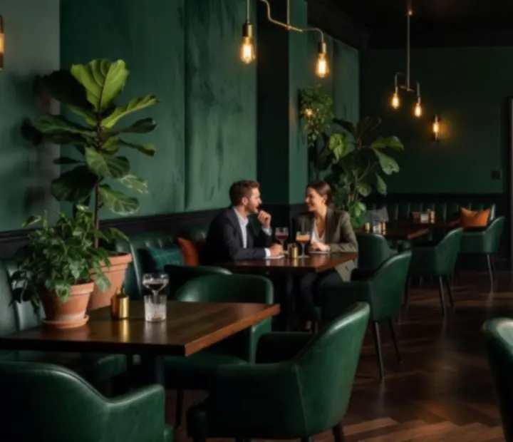 Mood-lit interior of The Turn & Table with raw wood fixtures and deep emerald tones