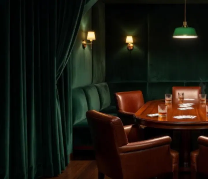 Private card room at The Turn & Table with velvet drapes and intimate tables