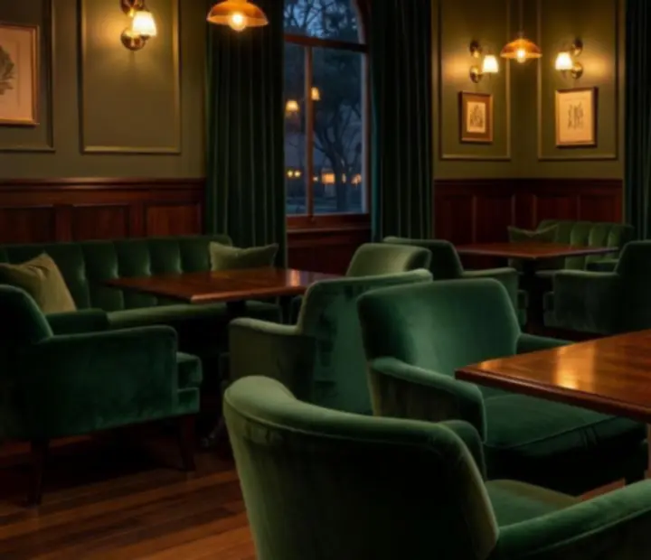 Mood-lit emerald and timber lounge with intimate card tables at The Turn & Table
