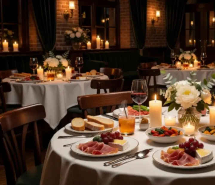 Evening event in a warm bistro with guests enjoying dinner and drinks