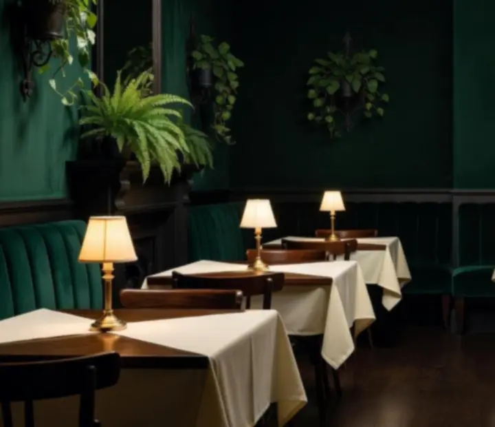 Mood-lit bistro event space set for an evening function