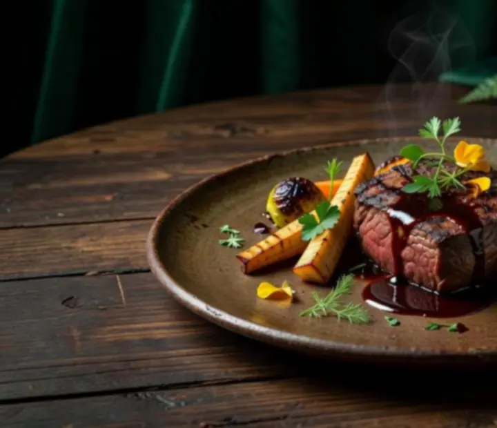 Grilled beef plate served on a dark dish with seasonal accompaniments