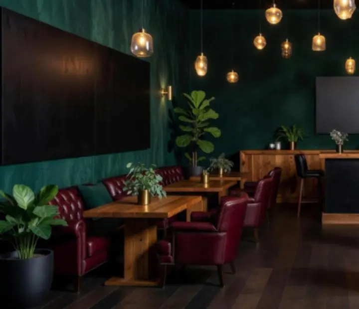 Mood-lit emerald bistro interior at The Turn & Table with timber tables and candlelight