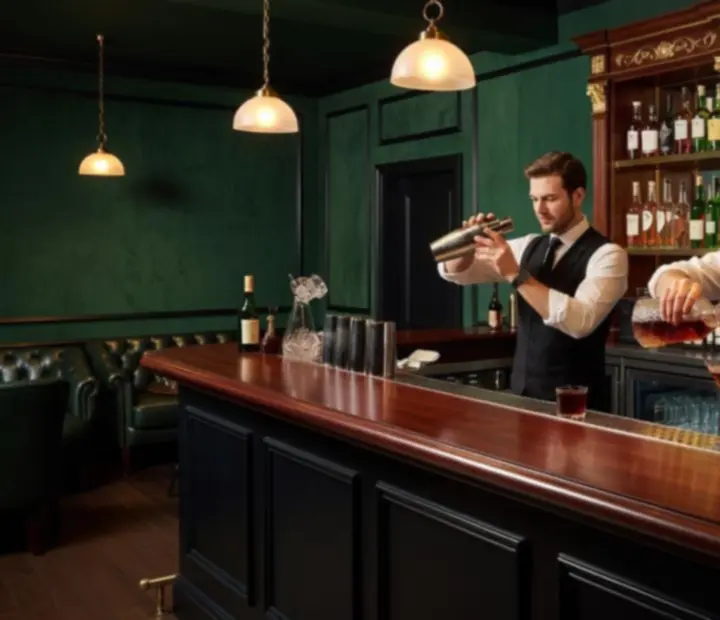 Mood-lit cocktail bar with emerald tones and timber finishes