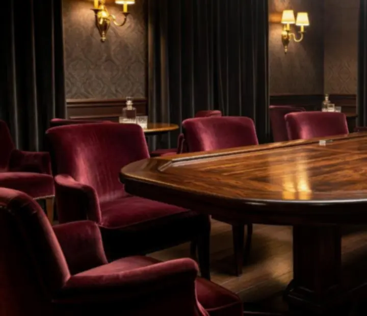 Private card room at The Turn & Table with timber tables, velvet seating and warm lighting