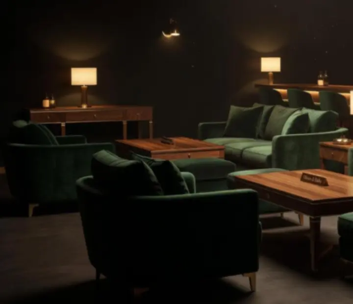 Boutique club-style lounge with deep green tones and low lighting