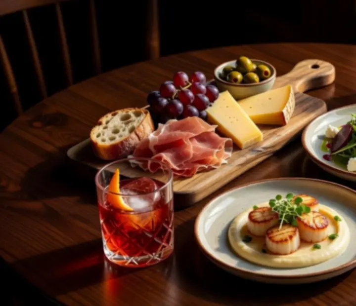 Share plates and cocktails arranged beside an evening card table in the lounge