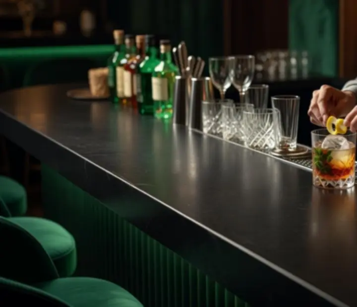 Signature cocktails arranged on a dark timber bar with emerald highlights