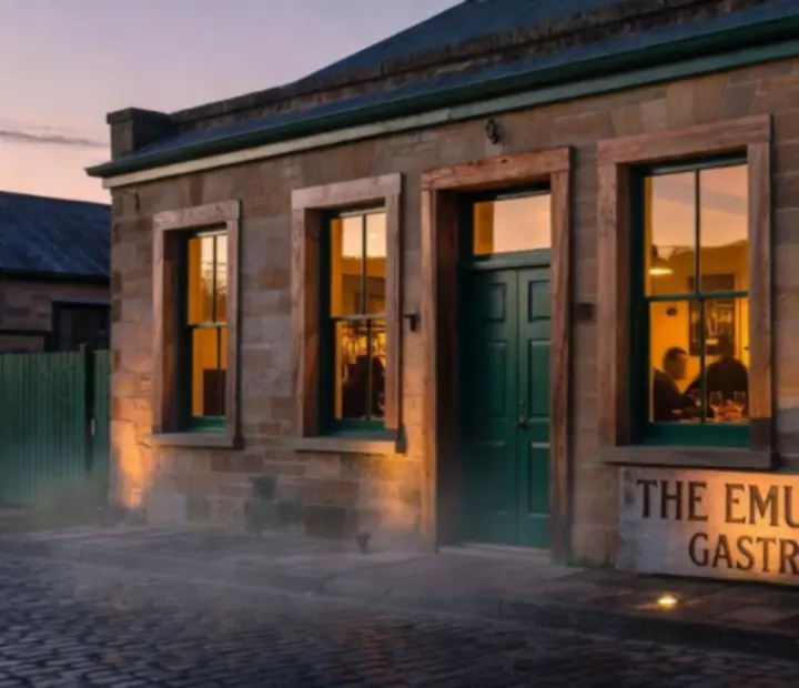 Evening exterior of The Turn & Table, softly lit on a heritage Australian corner